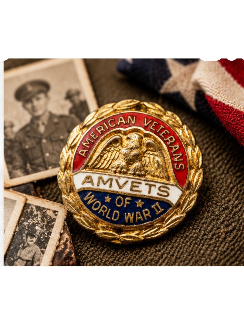 Vintage WWII AMVETS Lapel Pin - Veterans of World War II, Gold-Tone with Enamel